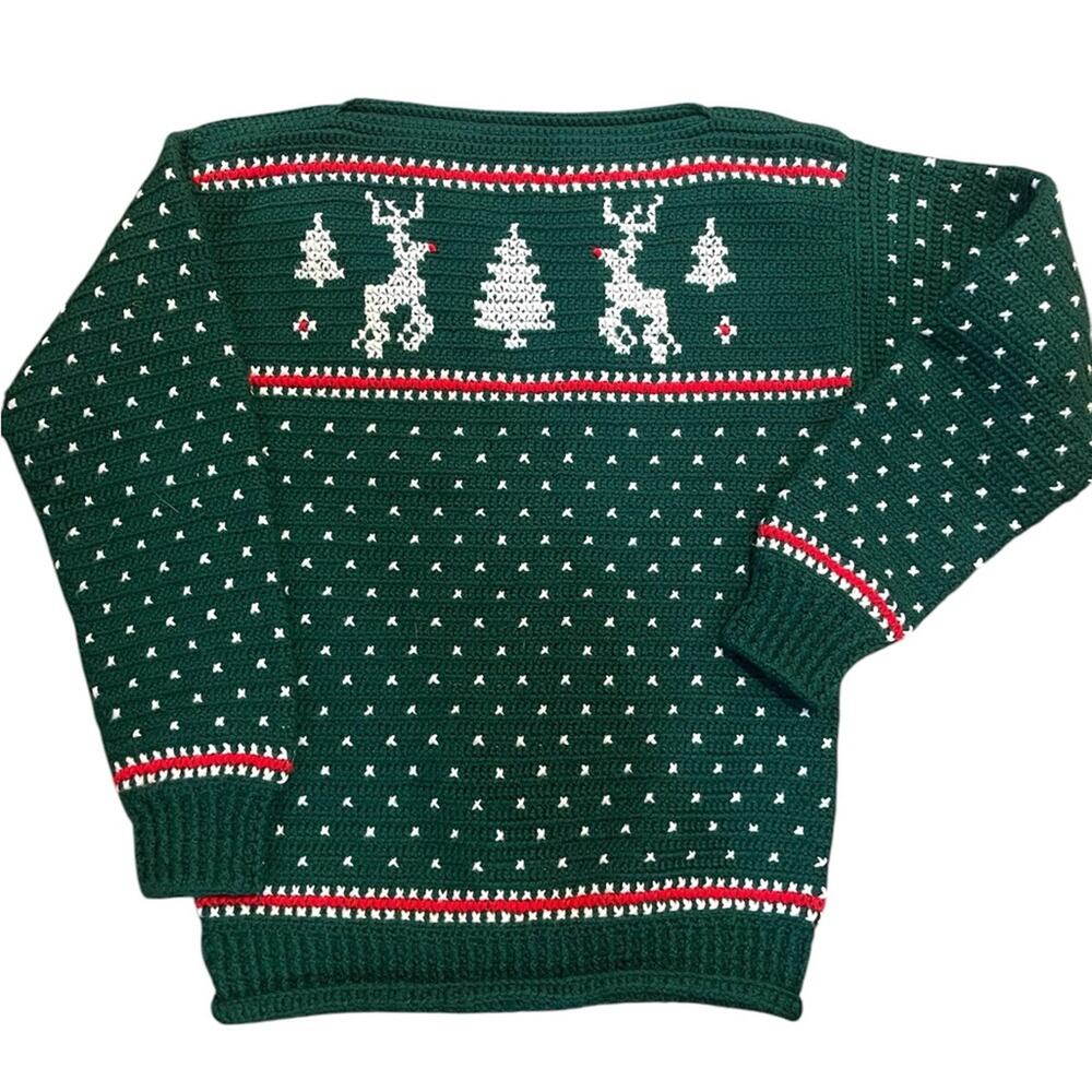 Vtg Handmade Thick Chunky Knit Reindeer Holiday Christmas Tree Festive Sweater L